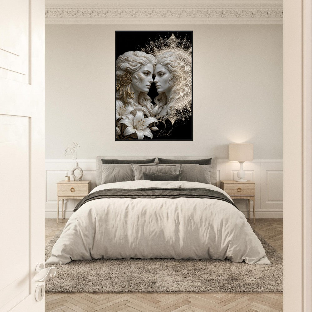 Gemini Zodiac Twins Poster, Gold Wall Art, Astrology Canvas, Twins Portrait, Zodiac Gift for Her, Danish Art Studio