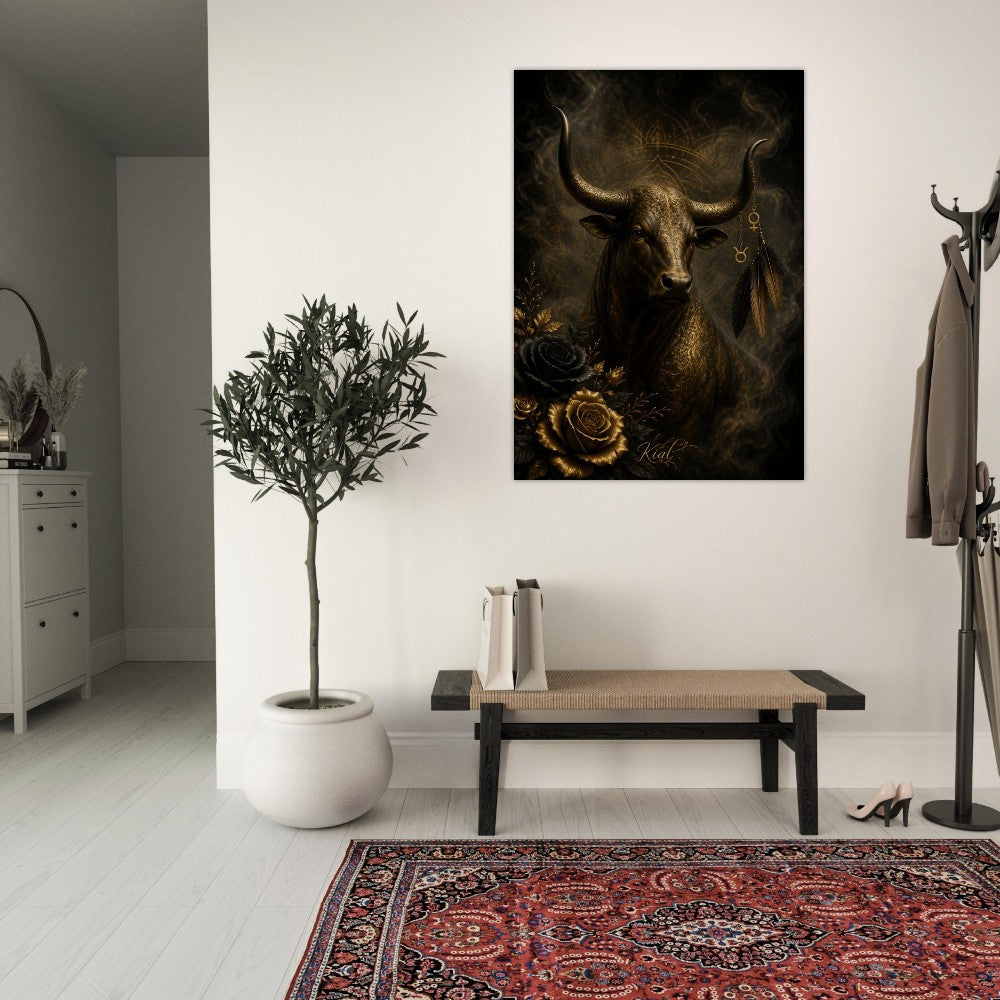 Taurus Zodiac Bull Poster, Gold Wall Art, Astrology Canvas, Bull Portrait, Zodiac Gift for Her, Danish Art Studio