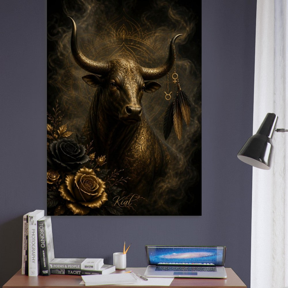 Taurus Zodiac Bull Poster, Gold Wall Art, Astrology Canvas, Bull Portrait, Zodiac Gift for Her, Danish Art Studio