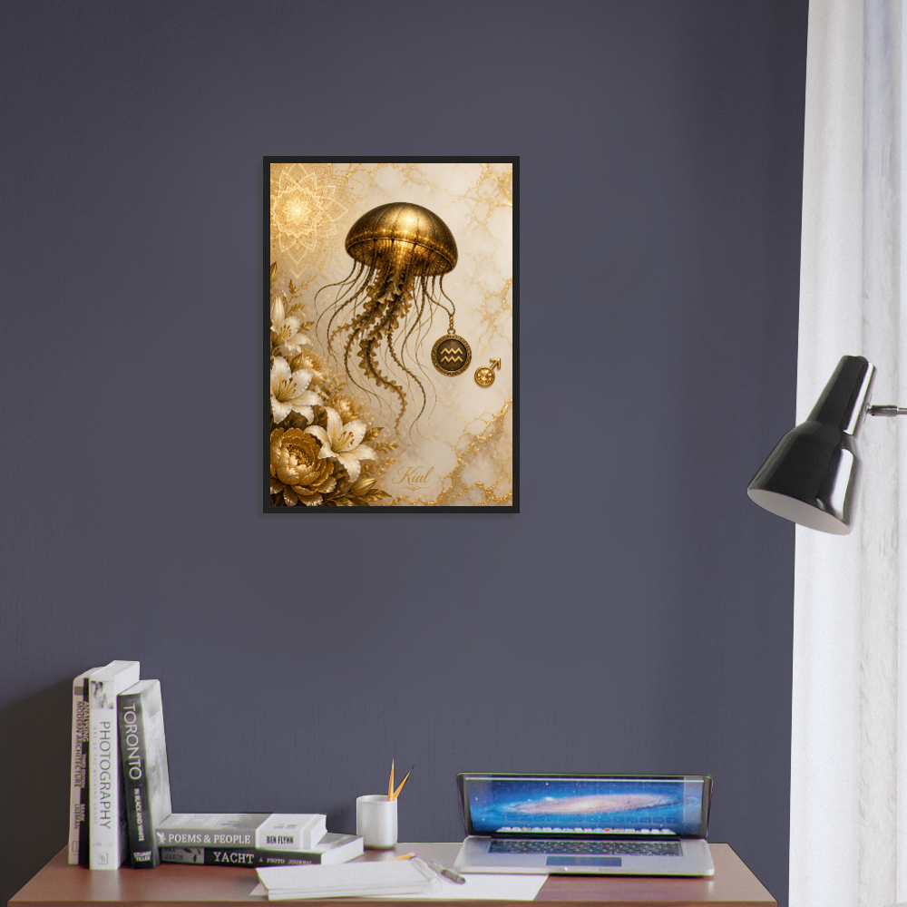 Aquarius Zodiac Jellyfish Poster, Gold Wall Art, Zodiac Gift for Him, Danish Art Studio