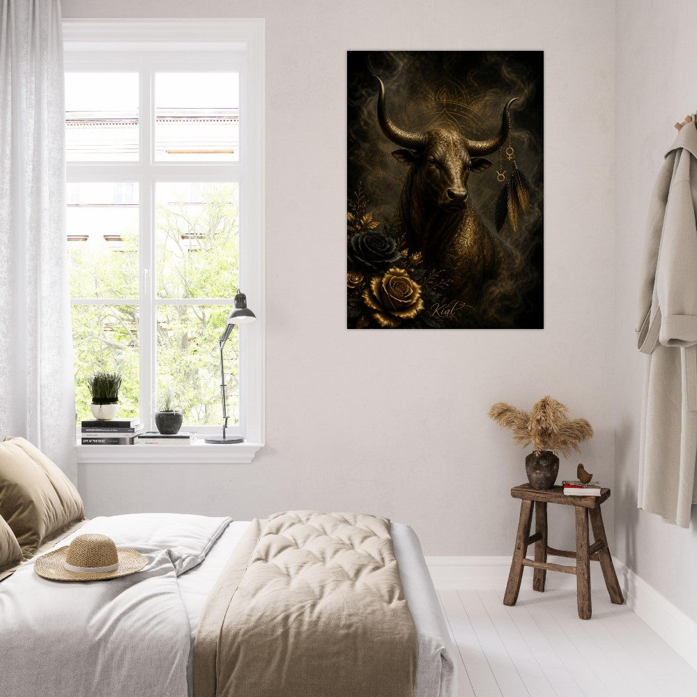 Taurus Zodiac Bull Poster, Gold Wall Art, Astrology Canvas, Bull Portrait, Zodiac Gift for Her, Danish Art Studio