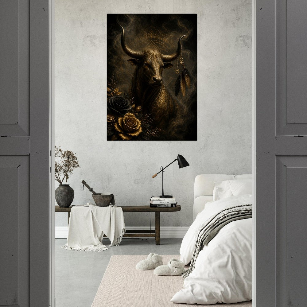 Taurus Zodiac Bull Poster, Gold Wall Art, Astrology Canvas, Bull Portrait, Zodiac Gift for Her, Danish Art Studio