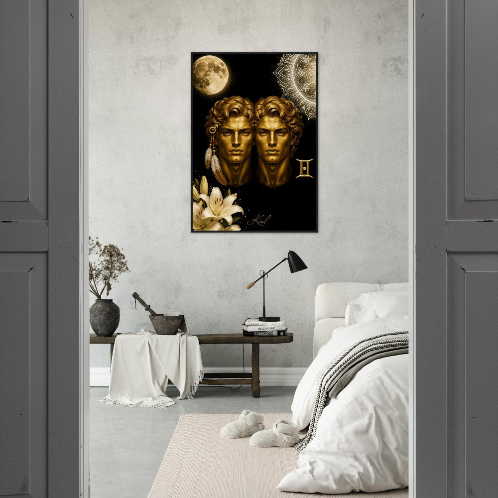 Gemini Zodiac Twins Poster, Gold Wall Art, Astrology Canvas, Twins Portrait, Zodiac Gift for Him, Danish Art Studio