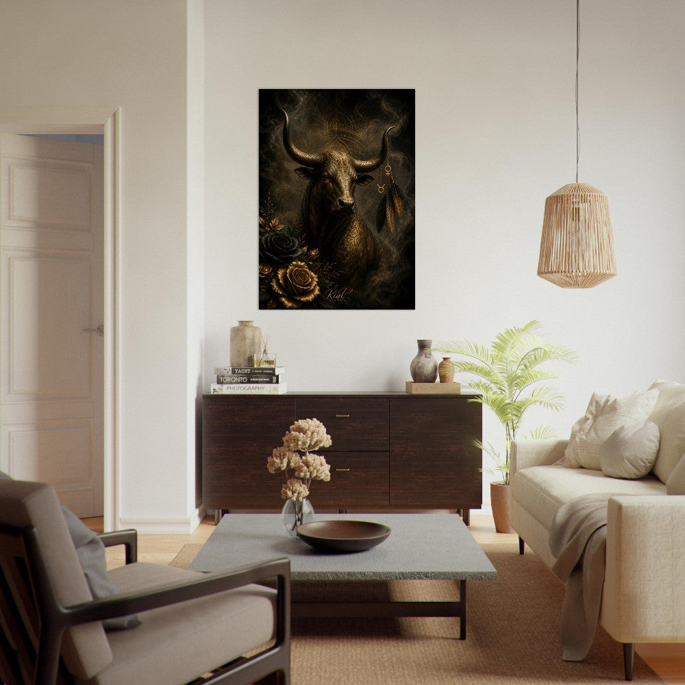 Taurus Zodiac Bull Poster, Gold Wall Art, Astrology Canvas, Bull Portrait, Zodiac Gift for Her, Danish Art Studio