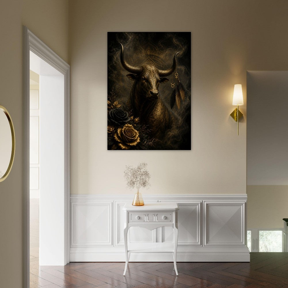 Taurus Zodiac Bull Poster, Gold Wall Art, Astrology Canvas, Bull Portrait, Zodiac Gift for Her, Danish Art Studio