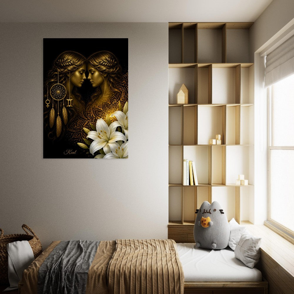 Gemini Zodiac Twins Poster, Gold Wall Art, Astrology Canvas, Twins Portrait, Zodiac Gift for Her, Danish Art Studio