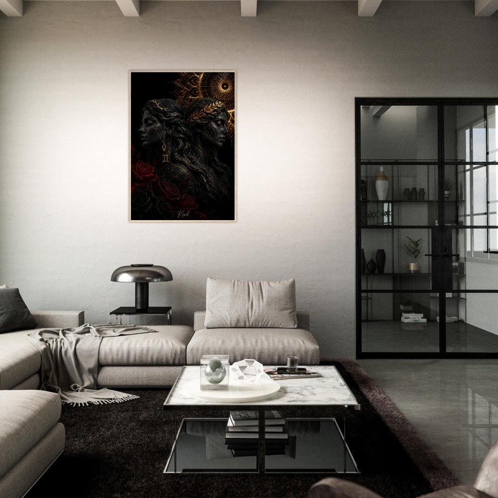 Gemini Zodiac Twins Poster, Gold Wall Art, Astrology Canvas, Twins Portrait, Zodiac Gift for Her, Danish Art Studio