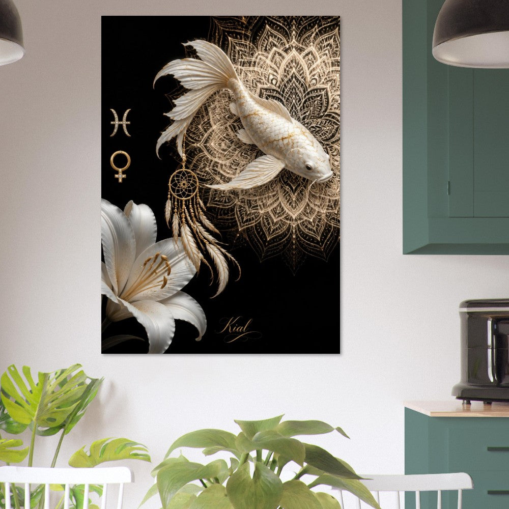 Pisces Zodiac Koi Poster, Gold Wall Art, Astrology Canvas, Koi Portrait, Zodiac Gift for Her, Danish Art Studio