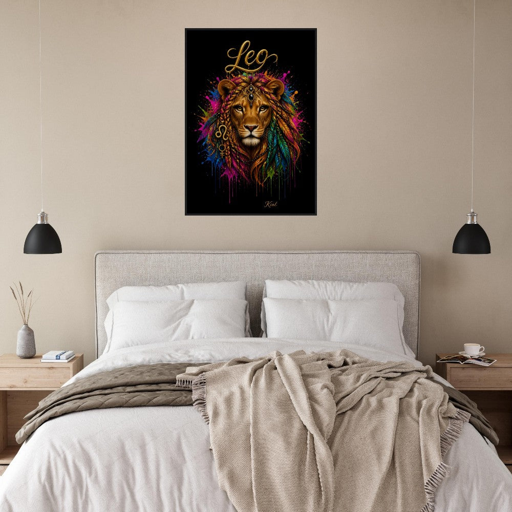 Leo Neon Zodiac Lion Poster, Colorful Wall Art, Artistic Astrology Canvas, Zodiac Gift for Her, Danish Art Studio