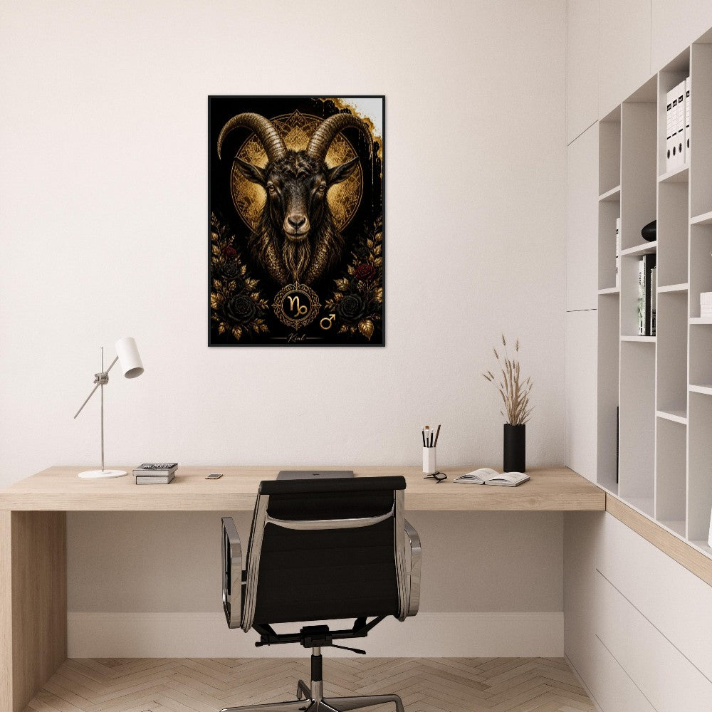 Capricorn Zodiac Goat Poster, Gold Wall Art, Astrology Canvas, Goat Portrait, Zodiac Gift for Him, Danish Art Studio