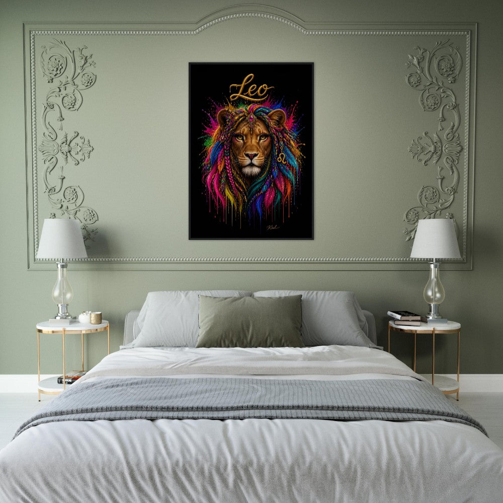Leo Neon Zodiac Lion Poster, Colorful Wall Art, Artistic Astrology Canvas, Zodiac Gift for Her, Danish Art Studio