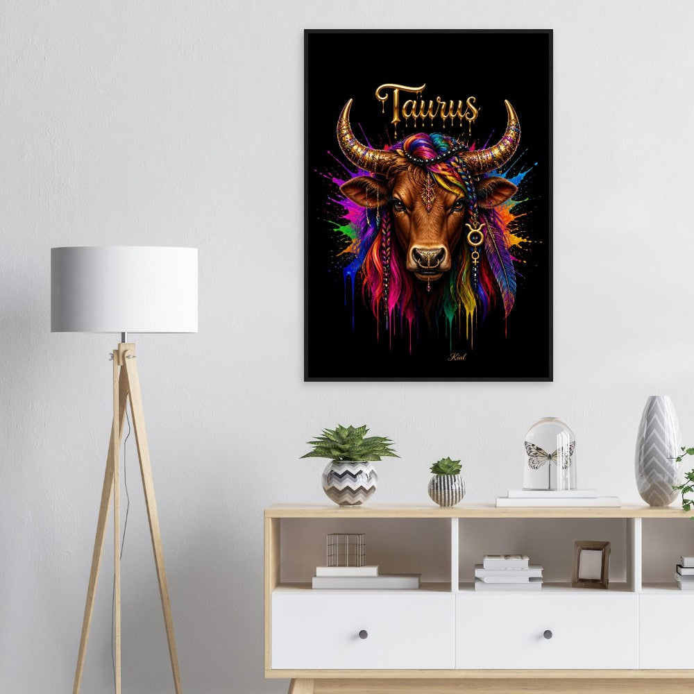 Taurus Neon Zodiac Bull Poster, Colorful Wall Art, Artistic Astrology Canvas, Zodiac Gift for Her, Danish Art Studio