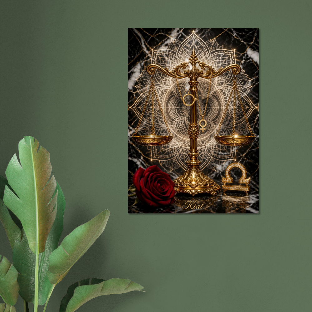 Libra Zodiac Scales Poster, Gold Wall Art, Astrology Canvas, Scales Portrait, Zodiac Gift for Her, Danish Art Studio