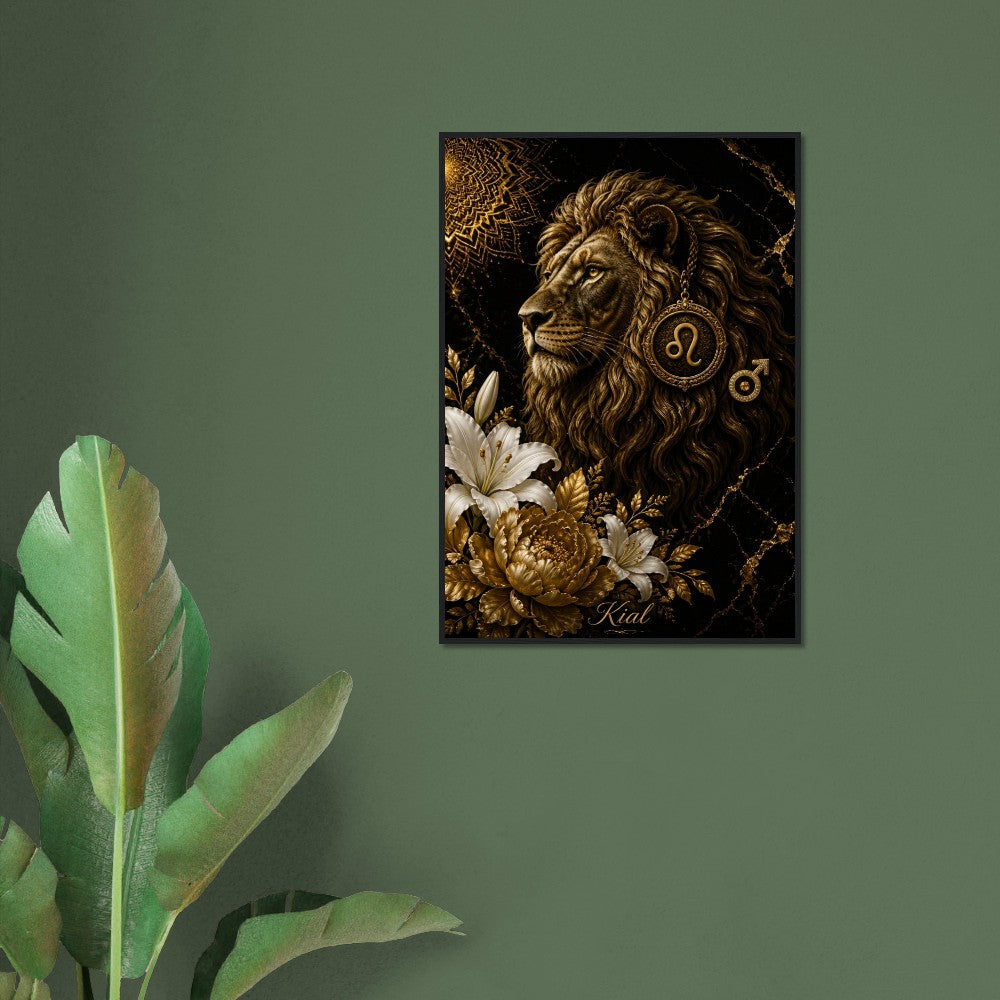 Leo Zodiac Lion Poster, Gold Wall Art, Astrology Canvas, Lion Portrait, Zodiac Gift for Him, Danish Art Studio