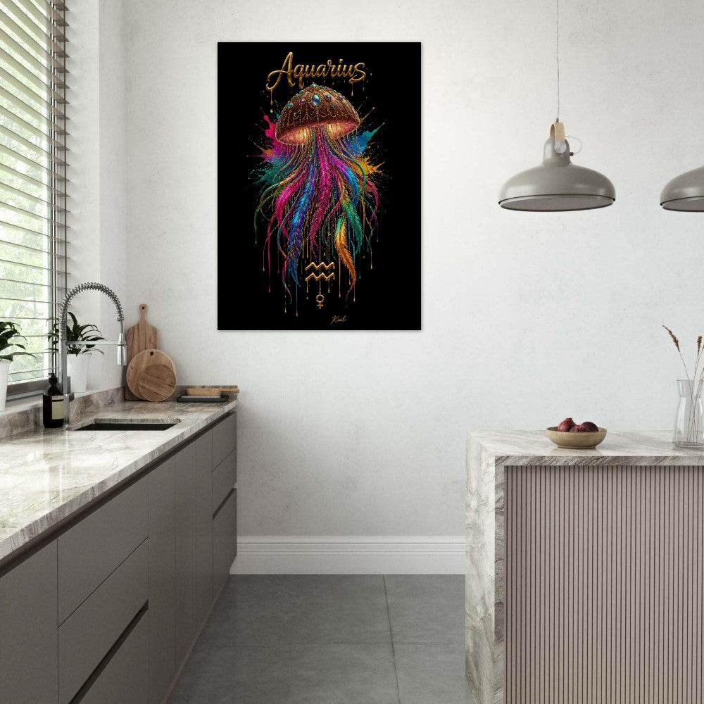 Aquarius Neon Zodiac Jellyfish Poster, Colorful Wall Art, Zodiac Gift for Her, Danish Art Studio