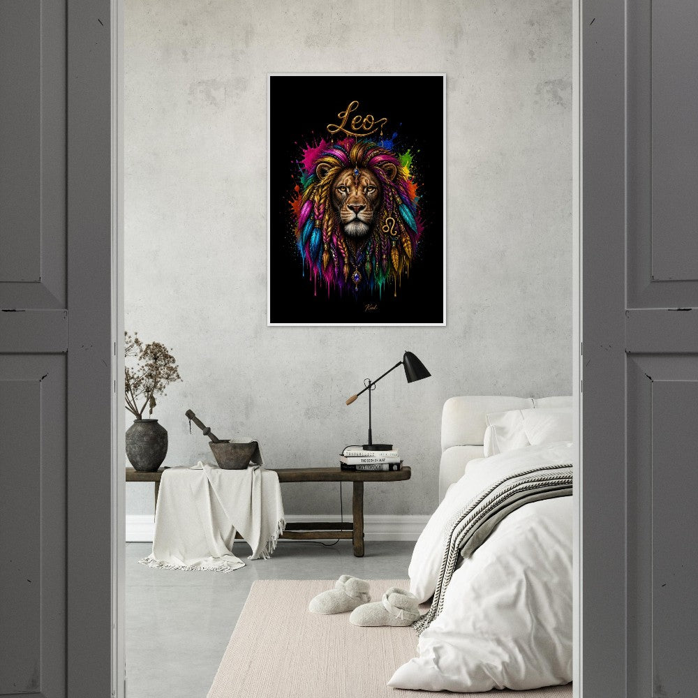 Leo Neon Zodiac Lion Poster, Colorful Wall Art, Artistic Astrology Canvas, Zodiac Gift for Him, Danish Art Studio