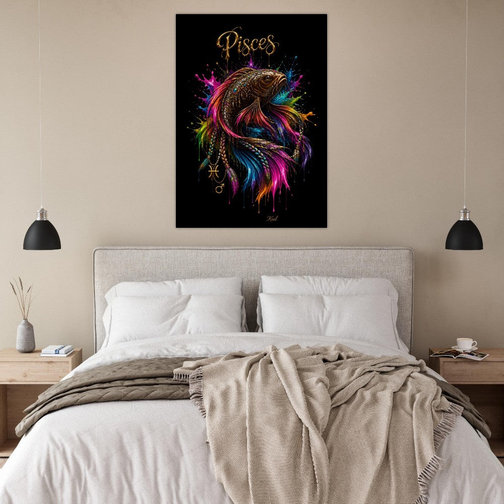 Pisces Neon Zodiac Koi Poster, Colorful Wall Art, Artistic Astrology Canvas, Zodiac Gift for Him, Danish Art Studio