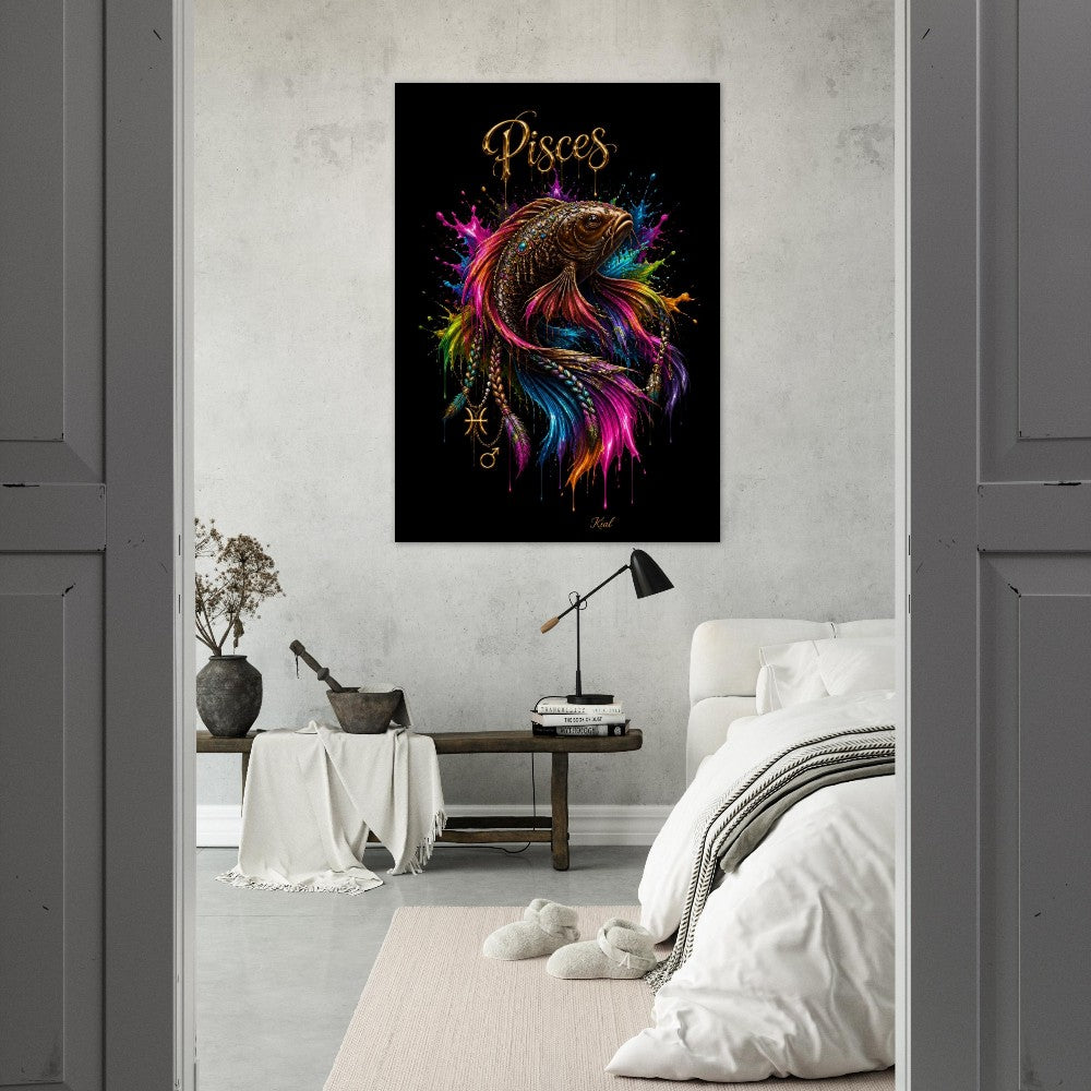 Pisces Neon Zodiac Koi Poster, Colorful Wall Art, Artistic Astrology Canvas, Zodiac Gift for Him, Danish Art Studio