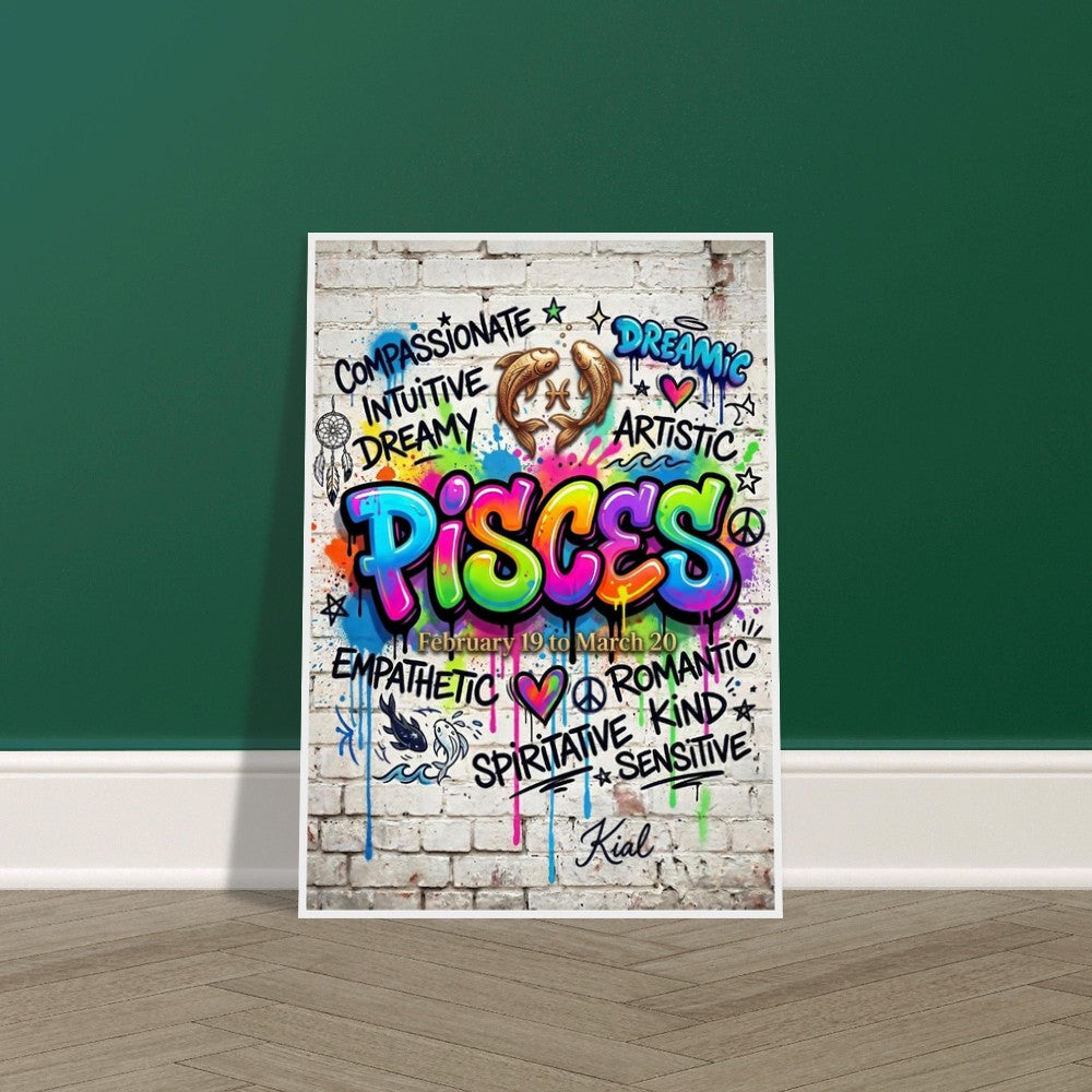 Pisces Neon Graffiti Zodiac Poster, Colorful Street Art, Zodiac Gift for Her, Danish Art Studio
