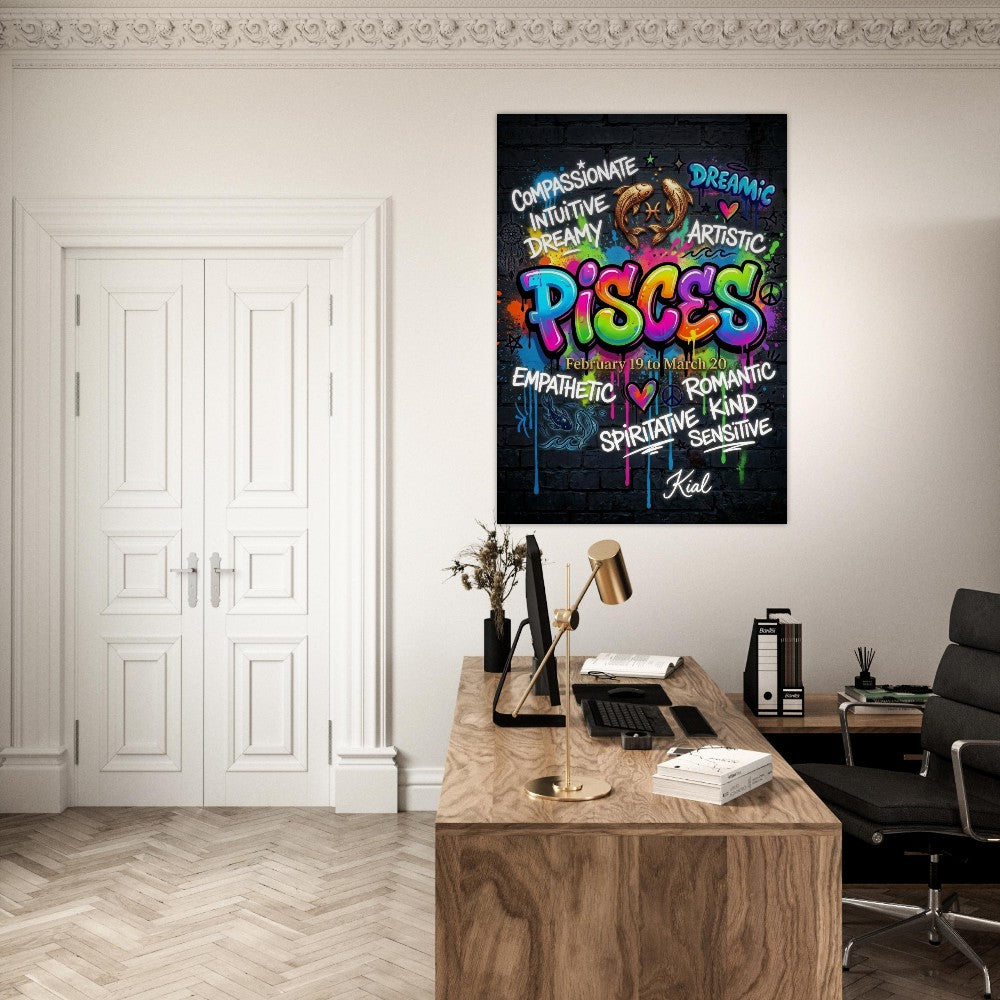 Pisces Neon Graffiti Zodiac Poster, Dark Background, Colorful Street Art, Zodiac Gift for Her, Danish Art Studio