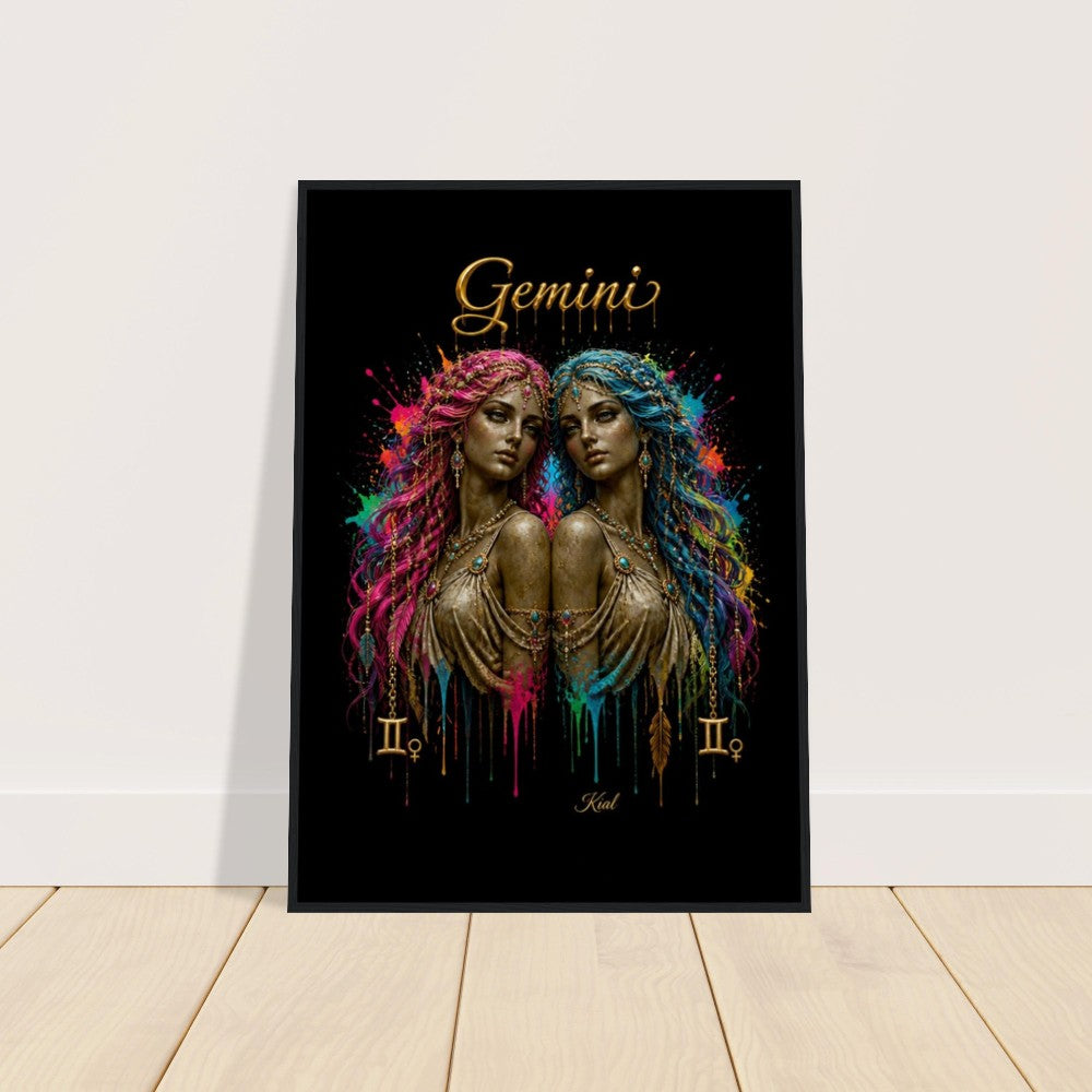Gemini Neon Zodiac Twins Plakat, Farverig Vægkunst, Kunstnerisk Astrologi Lærred, Zodiak Gave til Hende, Dansk Kunst Studio