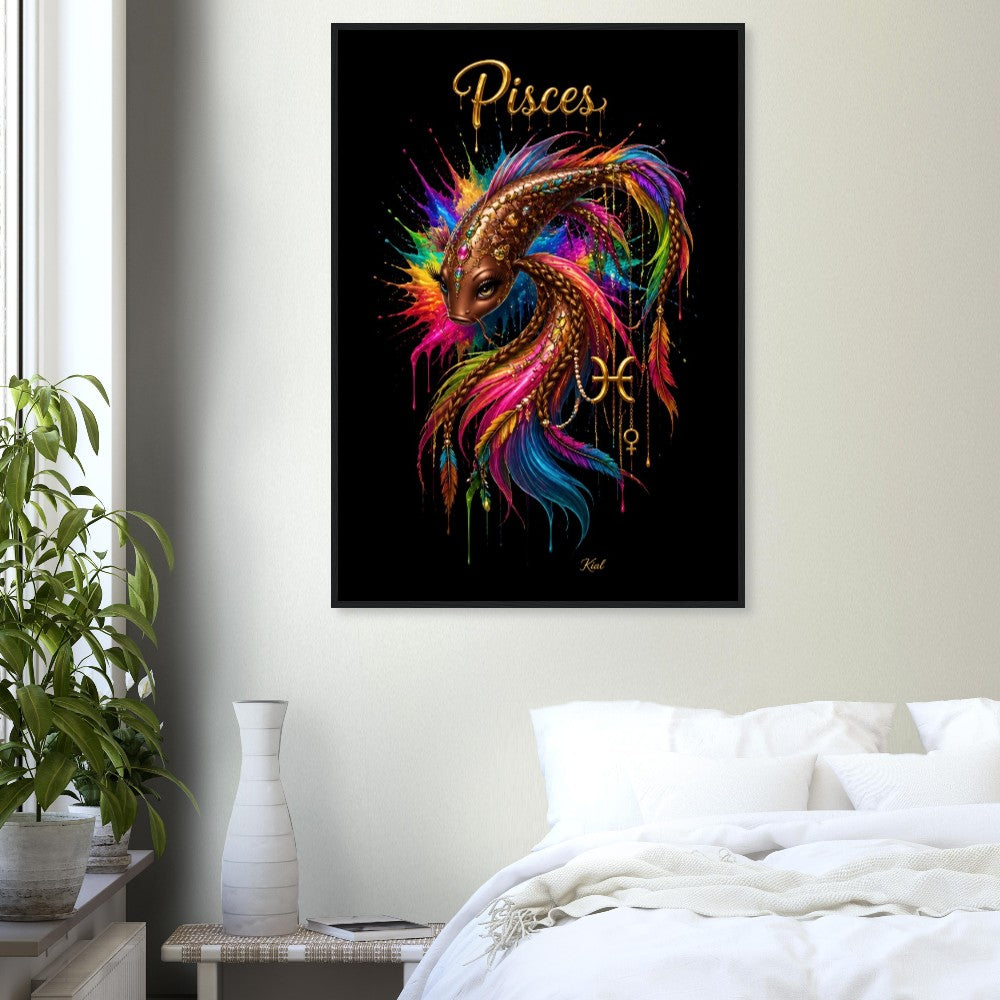 Pisces Neon Zodiac Koi Poster, Colorful Wall Art, Artistic Astrology Canvas, Zodiac Gift for Her, Danish Art Studio