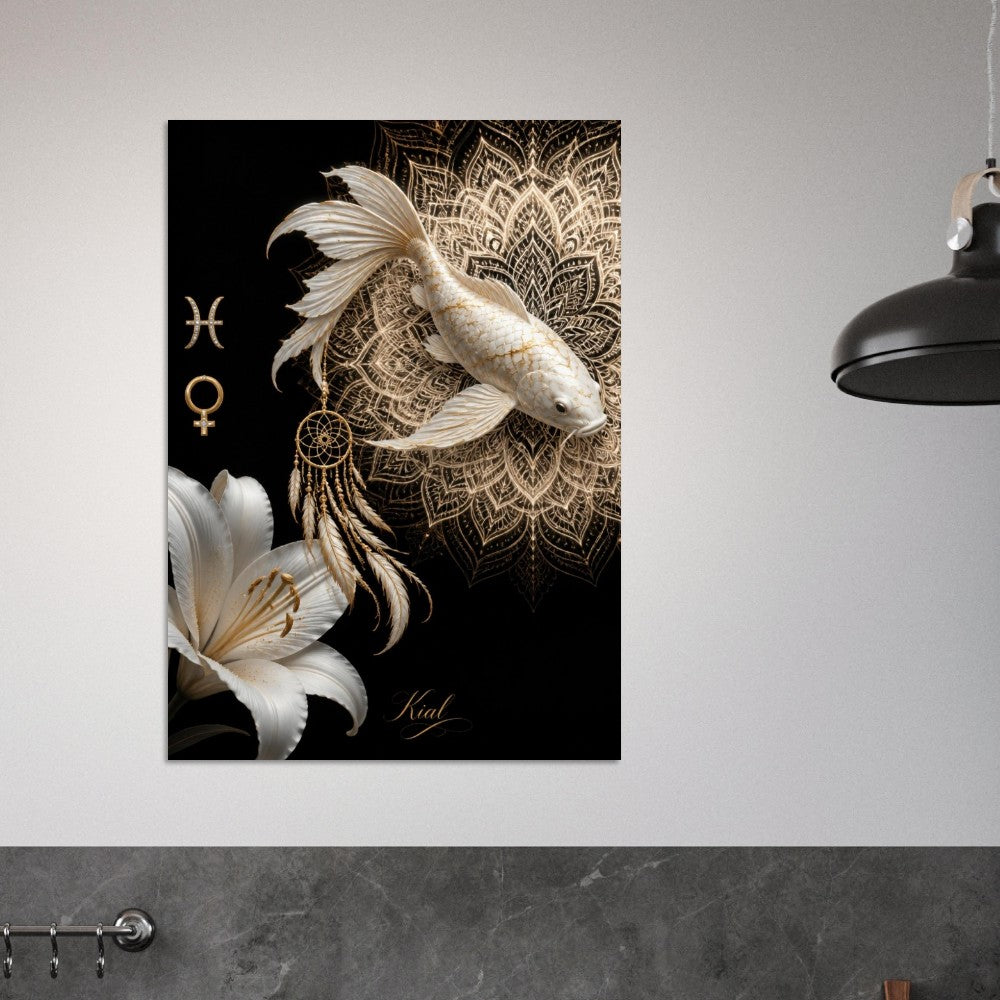 Pisces Zodiac Koi Poster, Gold Wall Art, Astrology Canvas, Koi Portrait, Zodiac Gift for Her, Danish Art Studio