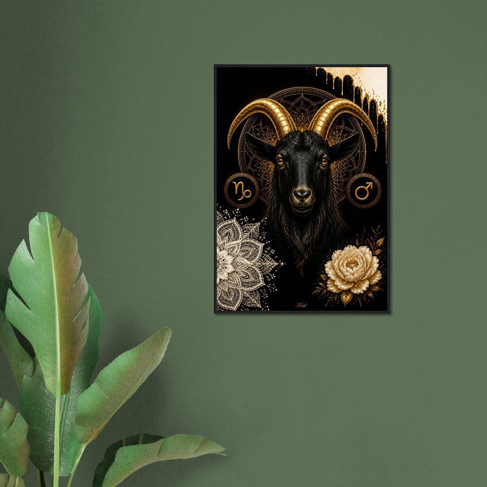 Capricorn Zodiac Goat Poster, Gold Wall Art, Astrology Canvas, Goat Portrait, Zodiac Gift for Him, Danish Art Studio