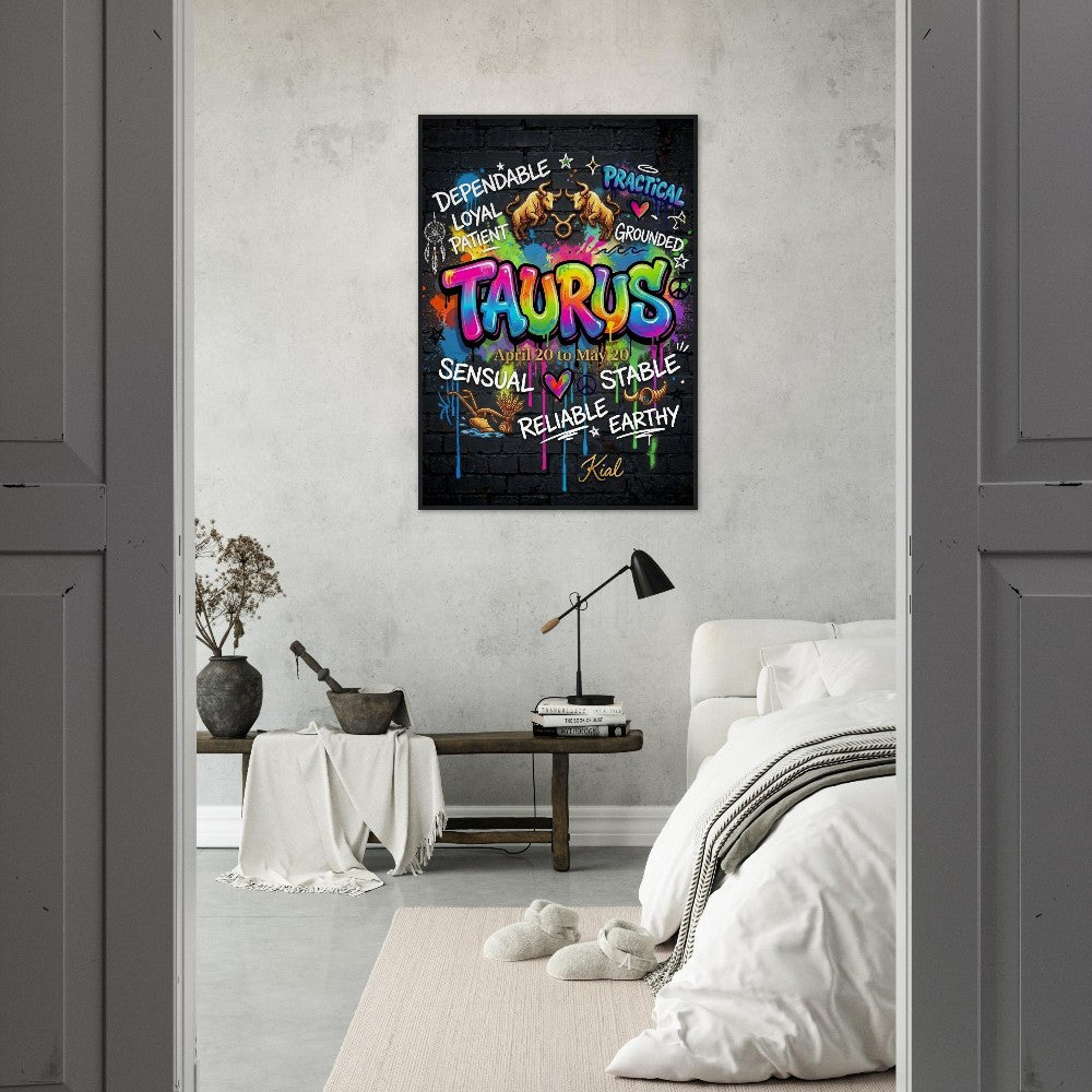 Taurus Neon Graffiti Zodiac Poster, Dark Background, Colorful Street Art, Zodiac Gift for Her, Danish Art Studio