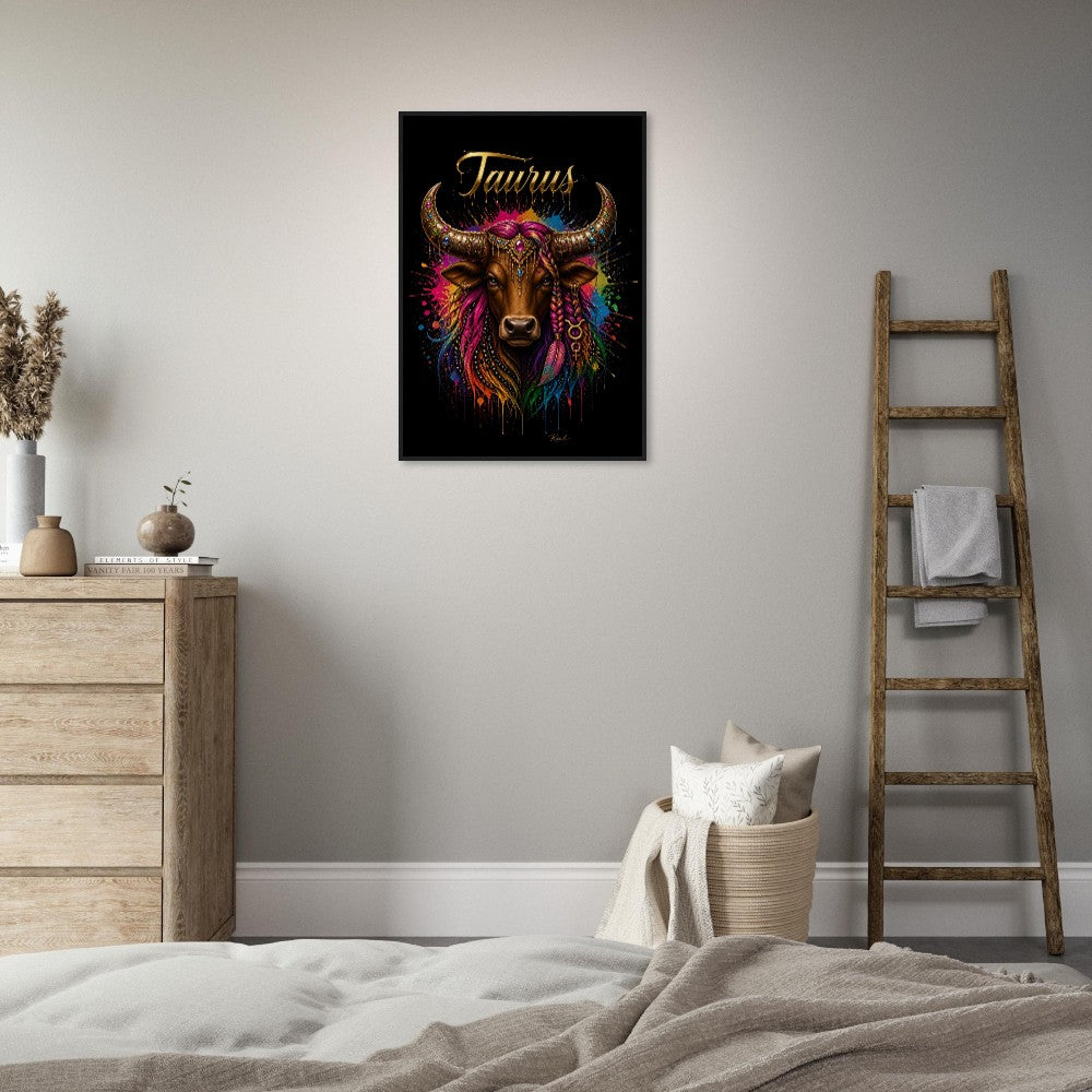 Taurus Neon Zodiac Bull Poster, Colorful Wall Art, Artistic Astrology Canvas, Zodiac Gift for Her, Danish Art Studio