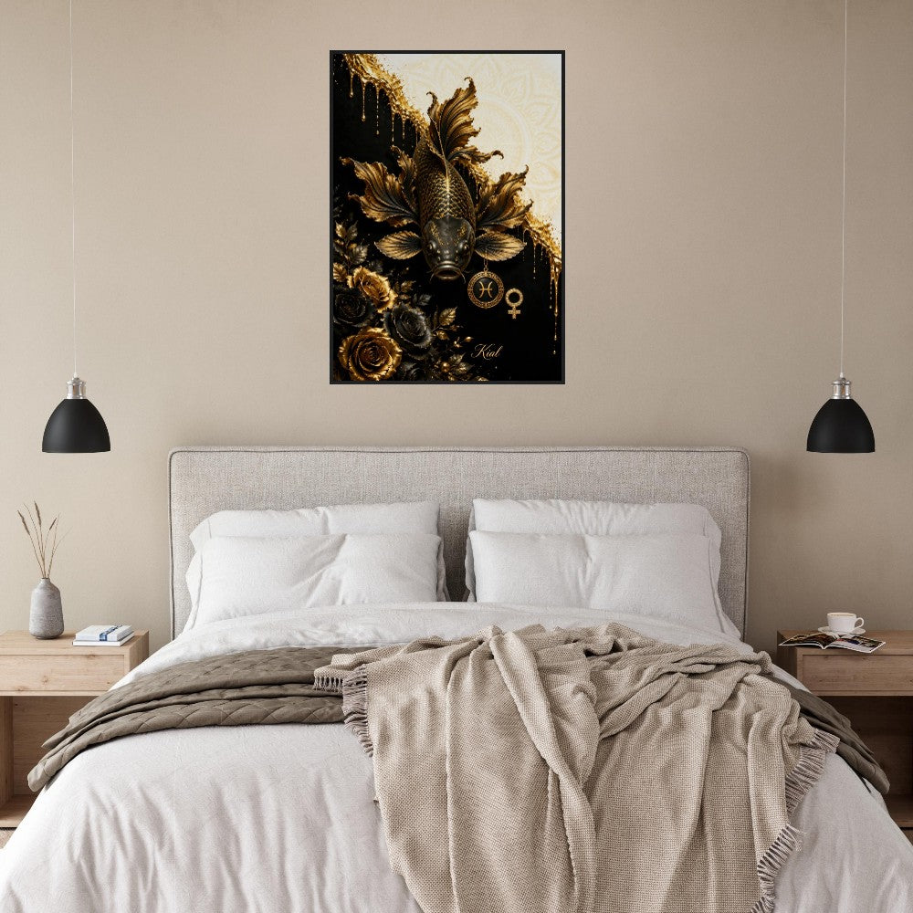 Pisces Zodiac Koi Poster, Gold Wall Art, Astrology Canvas, Koi Portrait, Zodiac Gift for Her, Danish Art Studio
