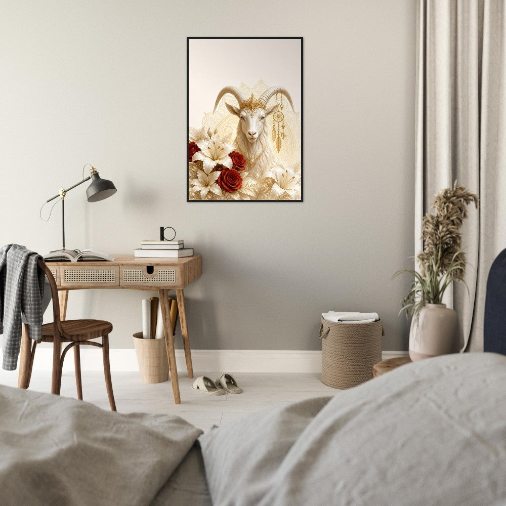 Capricorn Zodiac Goat Poster, Gold Wall Art, Astrology Canvas, Goat Portrait, Zodiac Gift for Her, Danish Art Studio