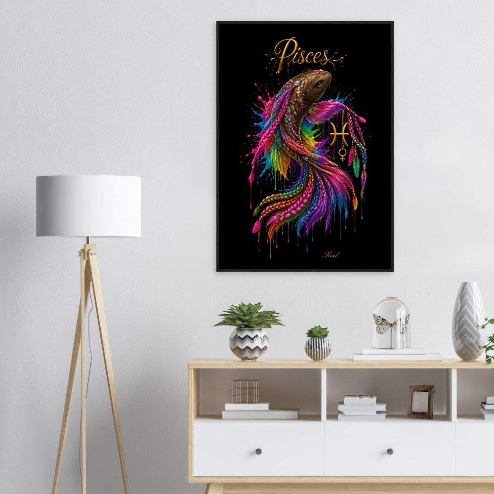 Pisces Neon Zodiac Koi Poster, Colorful Wall Art, Artistic Astrology Canvas, Zodiac Gift for Her, Danish Art Studio
