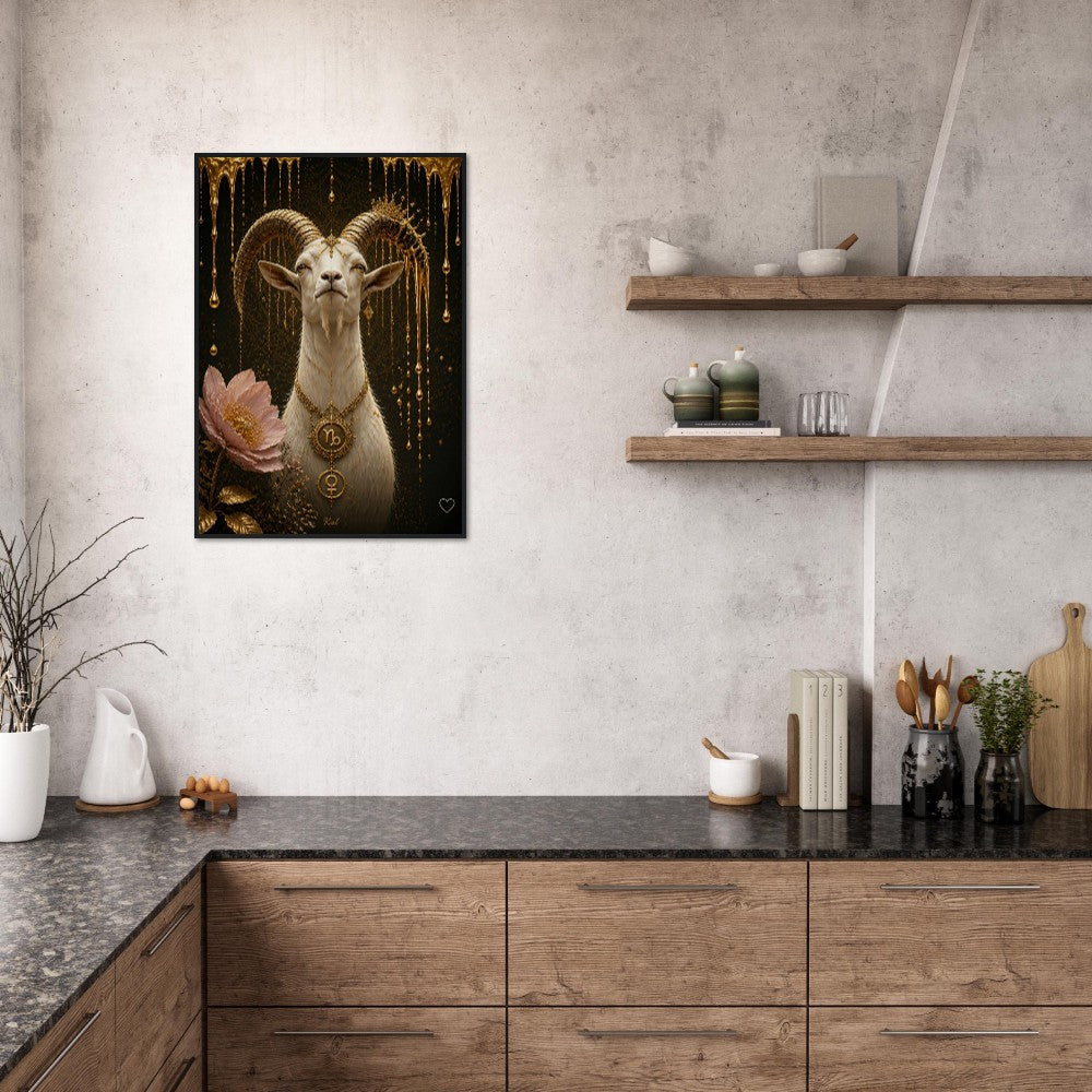 Capricorn Zodiac Goat Poster, Gold Wall Art, Astrology Canvas, Goat Portrait, Zodiac Gift for Her, Danish Art Studio