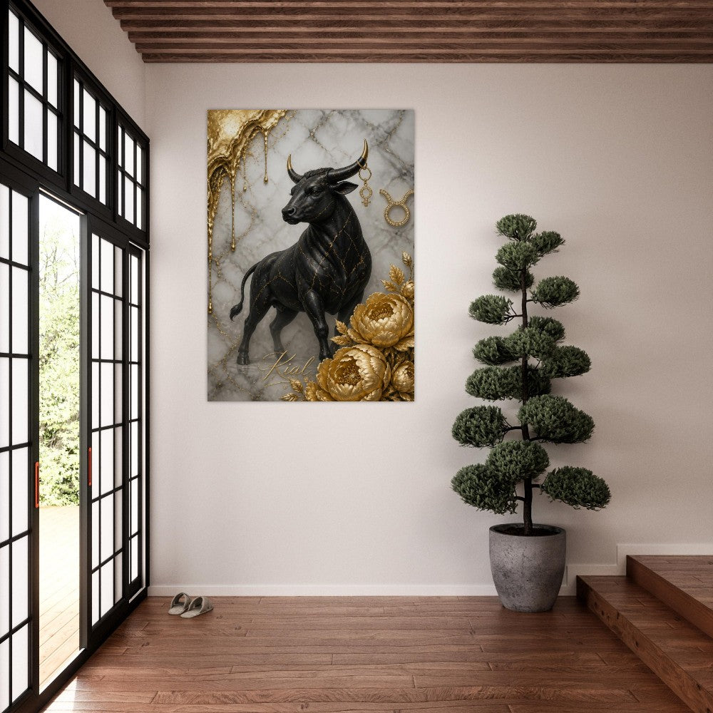 Taurus Zodiac Bull Poster, Gold Wall Art, Astrology Canvas, Bull Portrait, Zodiac Gift for Her, Danish Art Studio