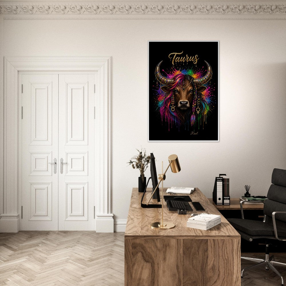 Taurus Neon Zodiac Bull Poster, Colorful Wall Art, Artistic Astrology Canvas, Zodiac Gift for Her, Danish Art Studio