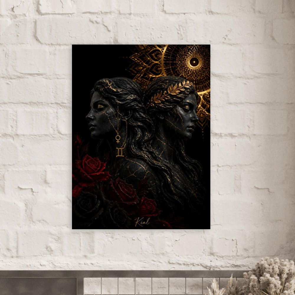 Gemini Zodiac Twins Poster, Gold Wall Art, Astrology Canvas, Twins Portrait, Zodiac Gift for Her, Danish Art Studio