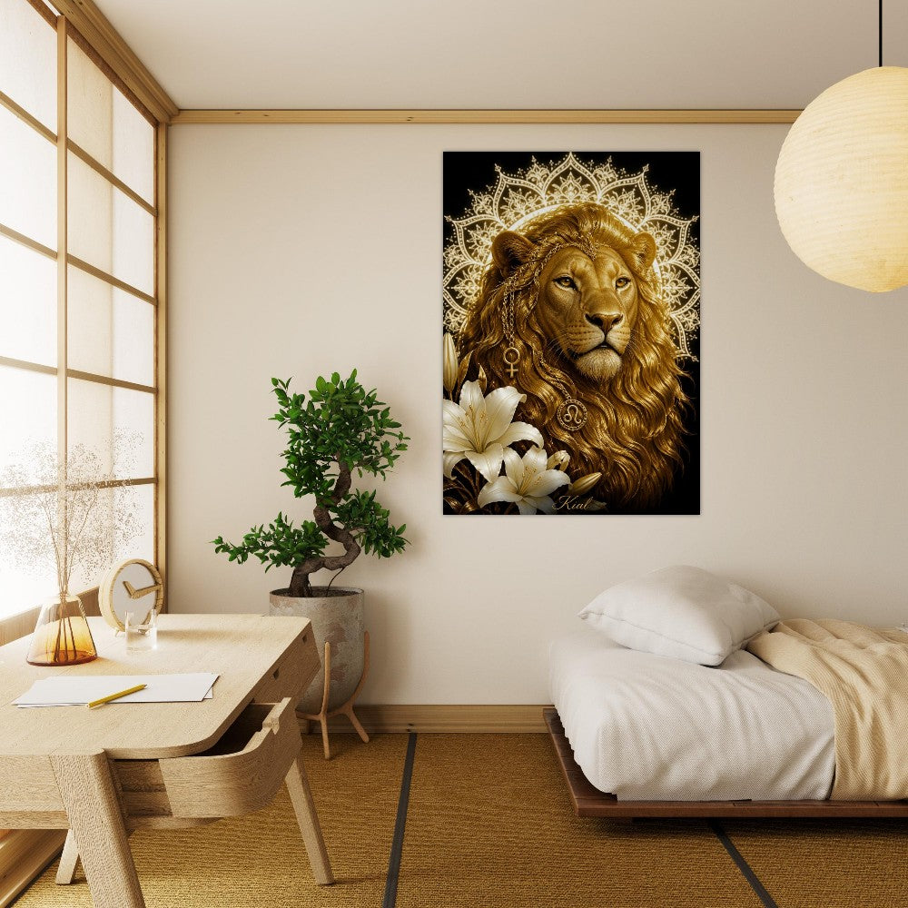 Leo Zodiac Lion Poster, Gold Wall Art, Astrology Canvas, Lion Portrait, Zodiac Gift for Her, Danish Art Studio