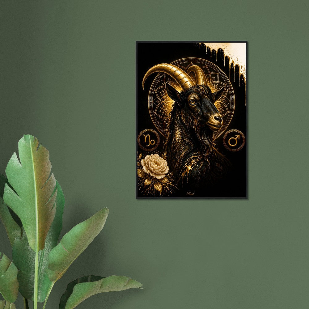 Capricorn Zodiac Goat Poster, Gold Wall Art, Astrology Canvas, Goat Portrait, Zodiac Gift for Him, Danish Art Studio