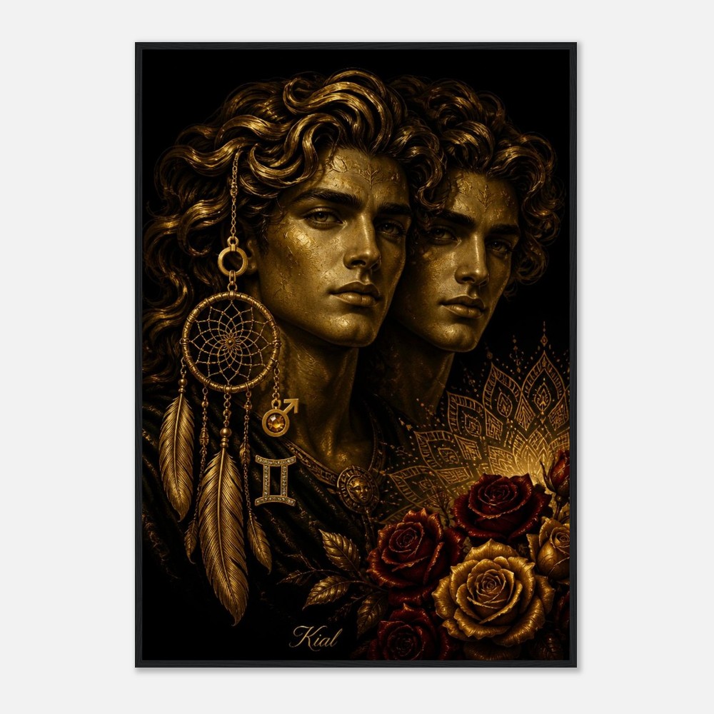 Gemini Zodiac Twins Poster, Gold Wall Art, Astrology Canvas, Twins Portrait, Zodiac Gift for Him, Danish Art Studio