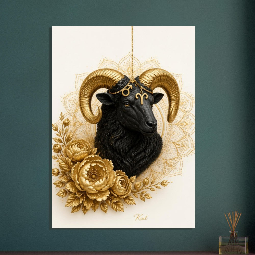 Aries Zodiac Ram Poster, Gold Wall Art, Astrology Canvas, Ram Portrait, Zodiac Gift for Him, Danish Art Studio
