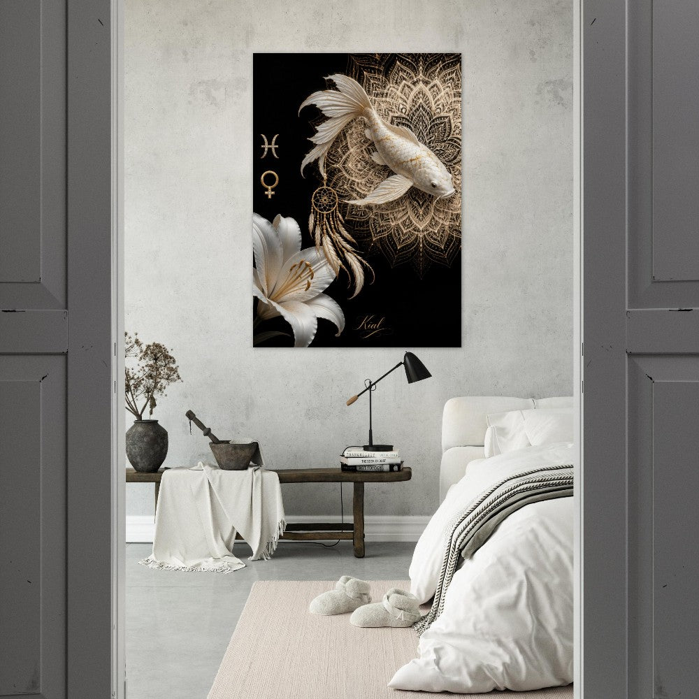 Pisces Zodiac Koi Poster, Gold Wall Art, Astrology Canvas, Koi Portrait, Zodiac Gift for Her, Danish Art Studio