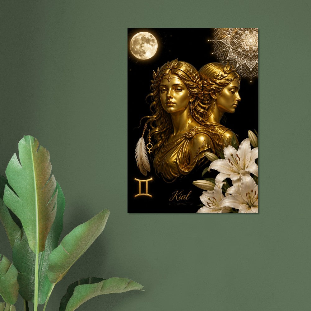 Gemini Zodiac Twins Poster, Gold Wall Art, Astrology Canvas, Twins Portrait, Zodiac Gift for Her, Danish Art Studio