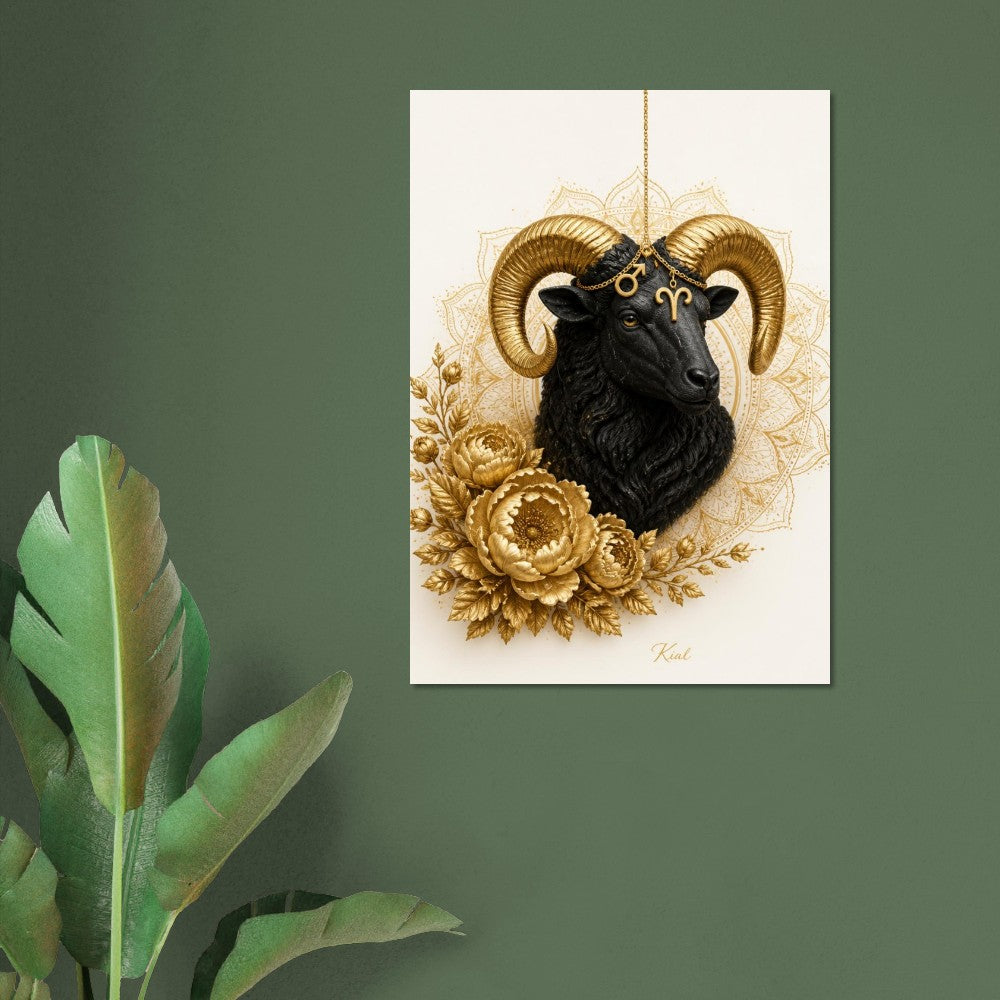 Aries Zodiac Ram Poster, Gold Wall Art, Astrology Canvas, Ram Portrait, Zodiac Gift for Him, Danish Art Studio