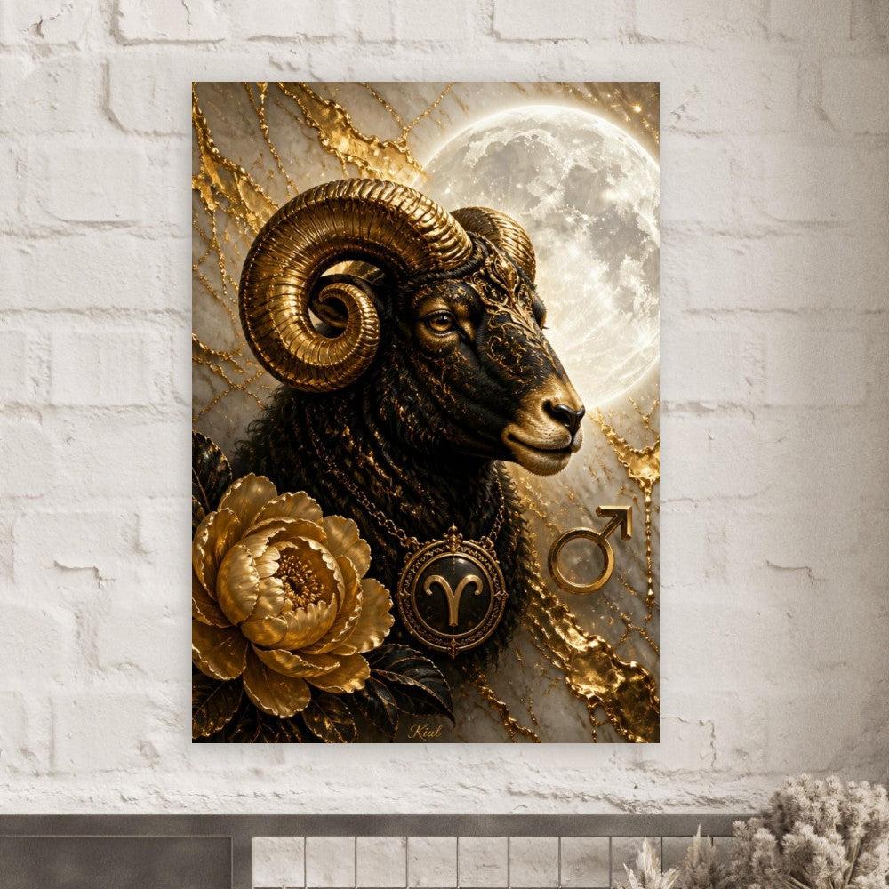 Aries Zodiac Ram Poster, Gold Wall Art, Astrology Canvas, Ram Portrait, Zodiac Gift for Her, Danish Art Studio
