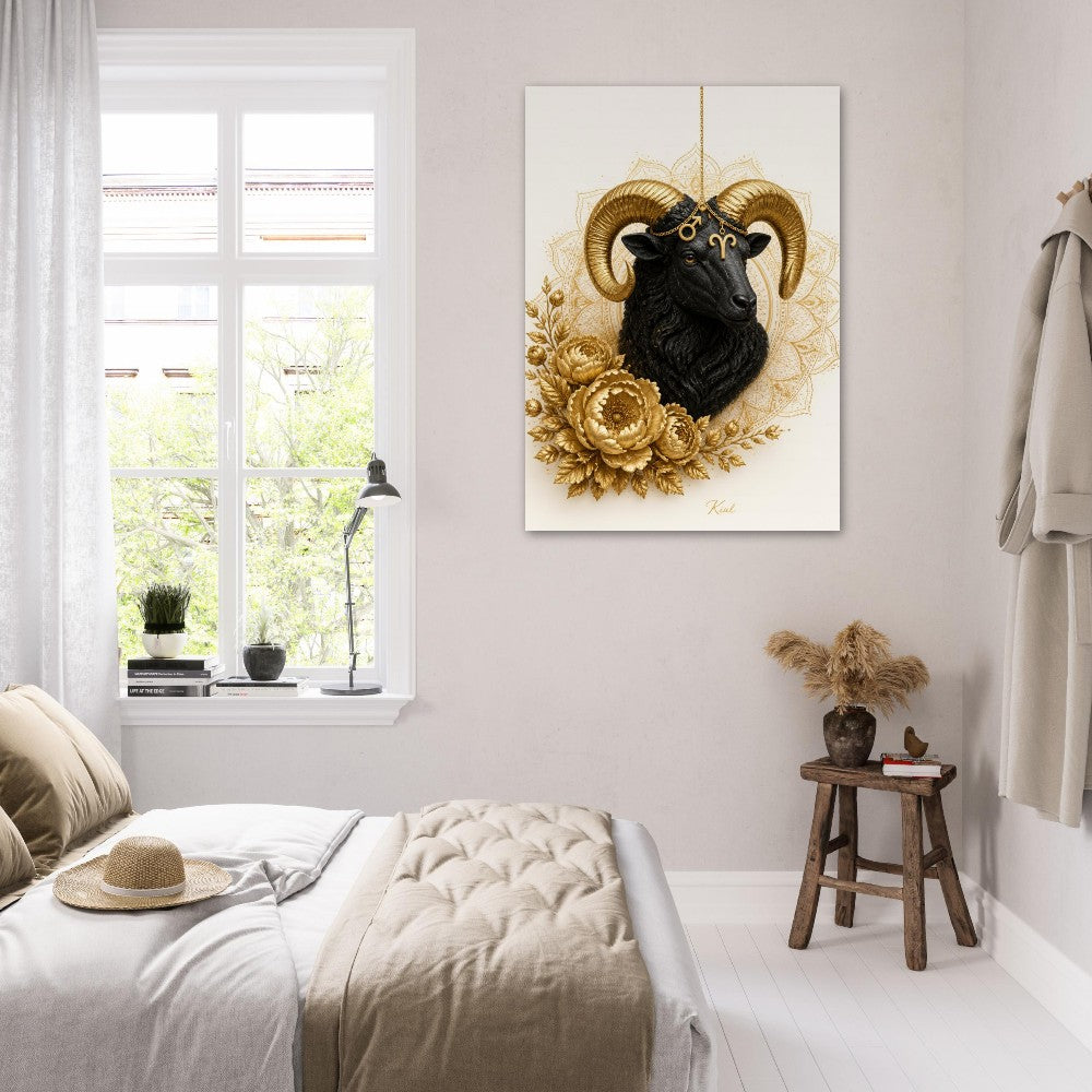 Aries Zodiac Ram Poster, Gold Wall Art, Astrology Canvas, Ram Portrait, Zodiac Gift for Him, Danish Art Studio