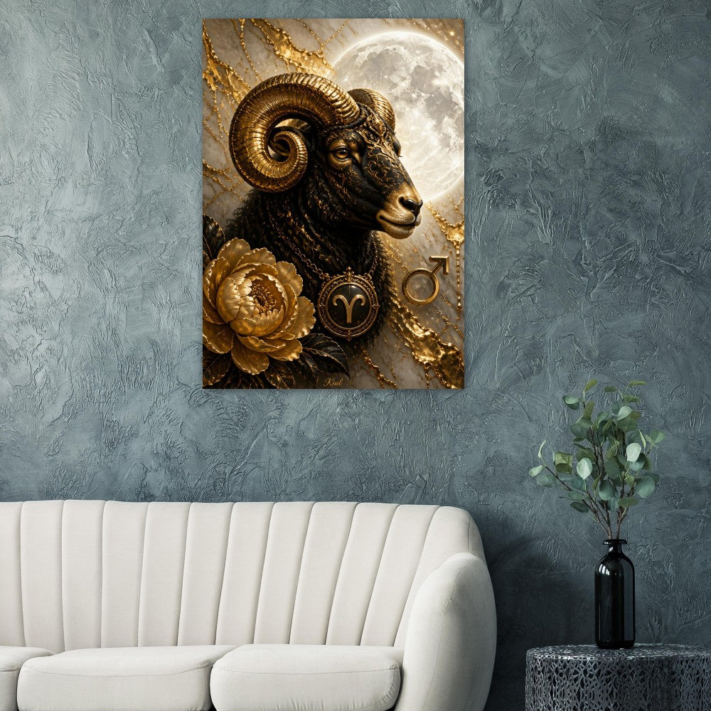 Aries Zodiac Ram Poster, Gold Wall Art, Astrology Canvas, Ram Portrait, Zodiac Gift for Her, Danish Art Studio
