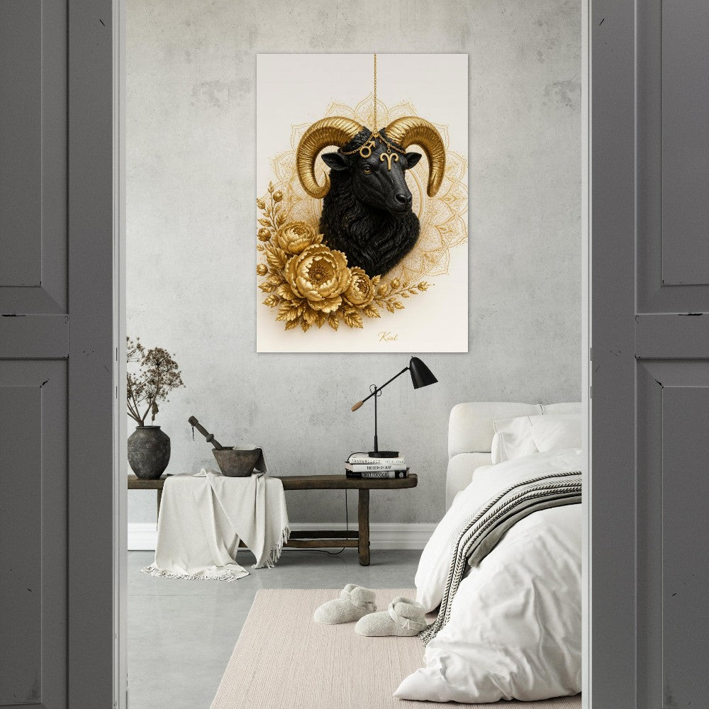 Aries Zodiac Ram Poster, Gold Wall Art, Astrology Canvas, Ram Portrait, Zodiac Gift for Him, Danish Art Studio