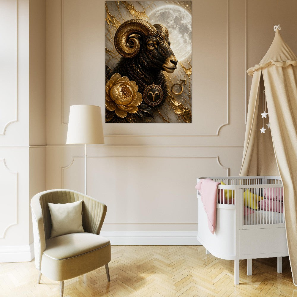 Aries Zodiac Ram Poster, Gold Wall Art, Astrology Canvas, Ram Portrait, Zodiac Gift for Her, Danish Art Studio