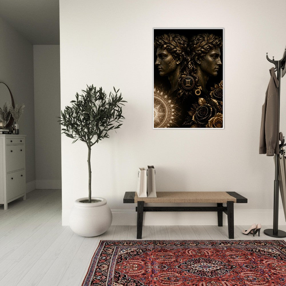 Gemini Zodiac Twins Poster, Gold Wall Art, Astrology Canvas, Twins Portrait, Zodiac Gift for Him, Danish Art Studio